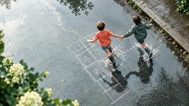 Two children holding hands run across hopscotch on a wet street, seen from above.