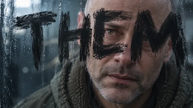 A man looks through rain-covered glass, the word THEM obscuring part of his face.
