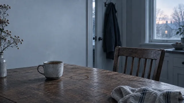 A cup on a wooden table and an empty chair in a quiet kitchen.