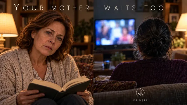 Diptych: a woman pauses her reading and looks towards the viewer; another, seen from behind, sits before a television.