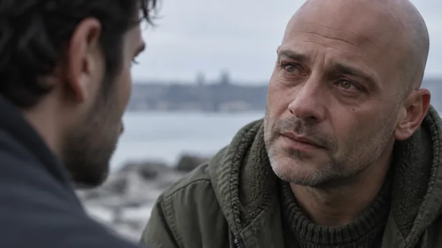 Close-up of a bald man looking at another man, blurred in the foreground, beside the sea.