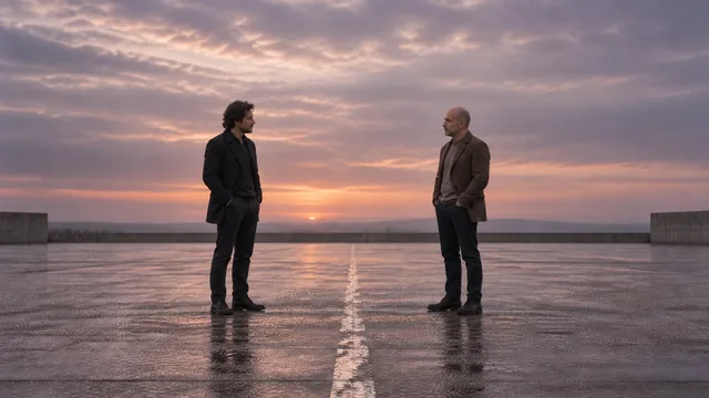 Two men face each other on opposite sides of a line at sunset.